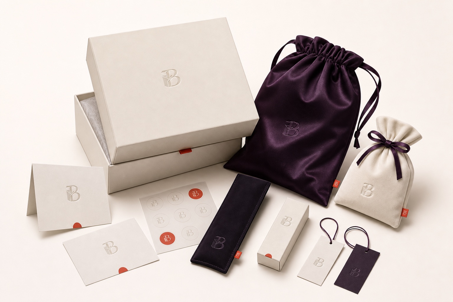 Bloomis coordinated wig box, satin bag, velvet pouch, tool pouch, cards, stickers, tags and glue carton